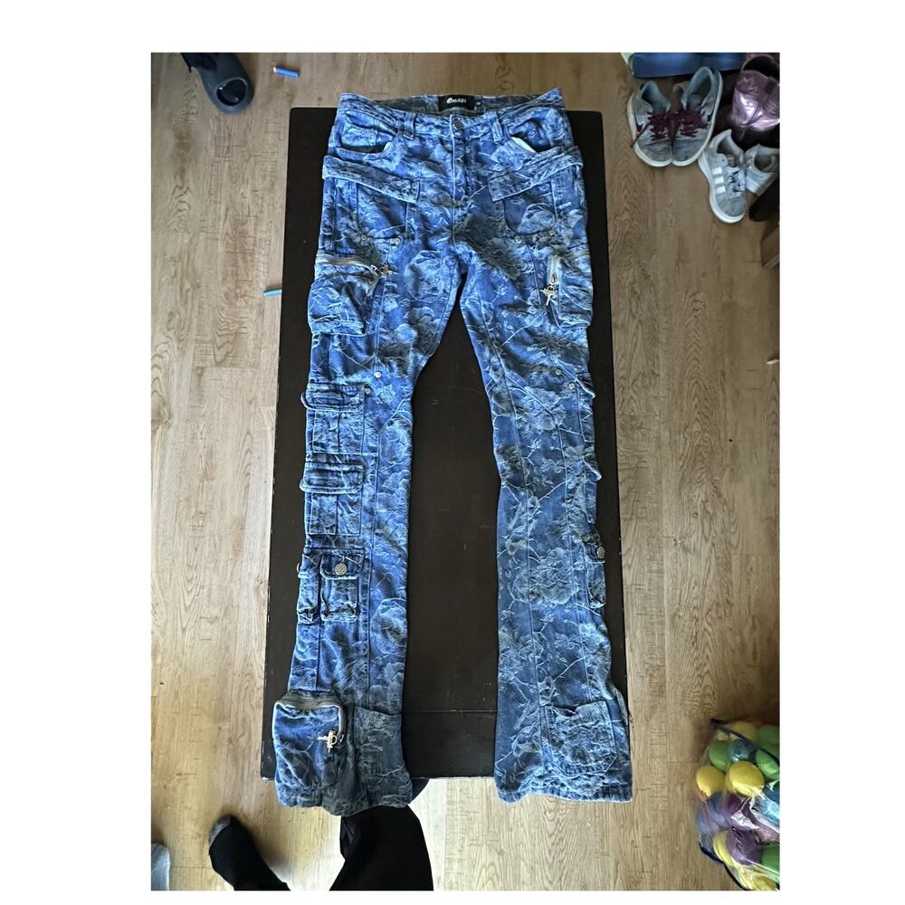 Guapi Men's Slim Fit Cargo Jeans Blue Floral Denim Pockets Size 32 Regular